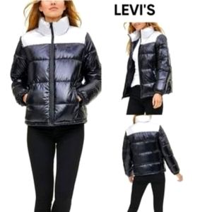 Levi's Women's sz XL Quilted bubble Puffer Jacket Pearlized Black/Silver